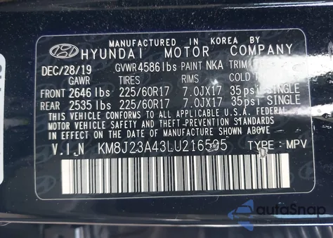 2020 Hyundai Tucson Se from USA, damaged, VIN KM8J23A43LU216595